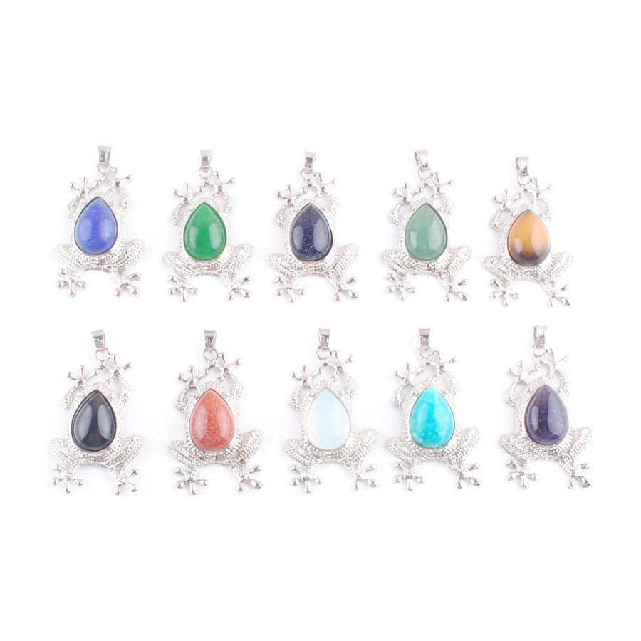 Mixed 10Pcs Natural Gemstone Pendants Frog Shaped Charm Lucky Fashion Jewelry
