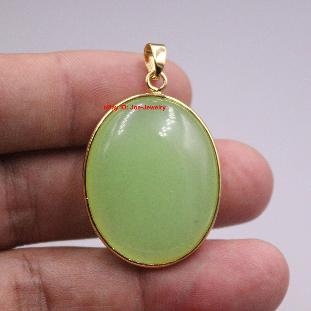 Yellow Gold Plated Alloy with Heated Oval Light-Green Jade Pendant 1.50inch L