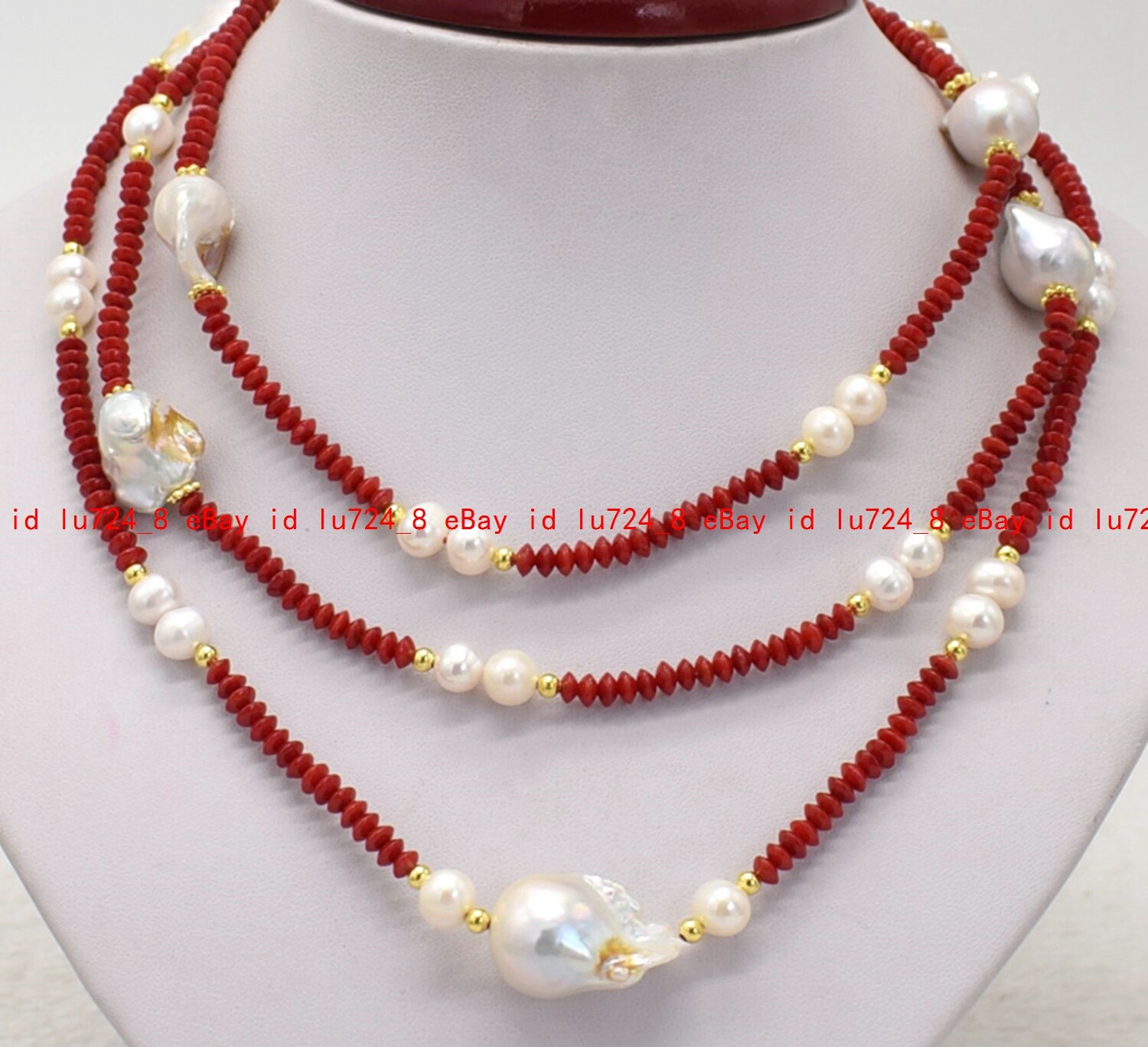 2x4mm Red Coral Gem Rondelle Beads &Natural White Baroque Pearl Necklace 50″