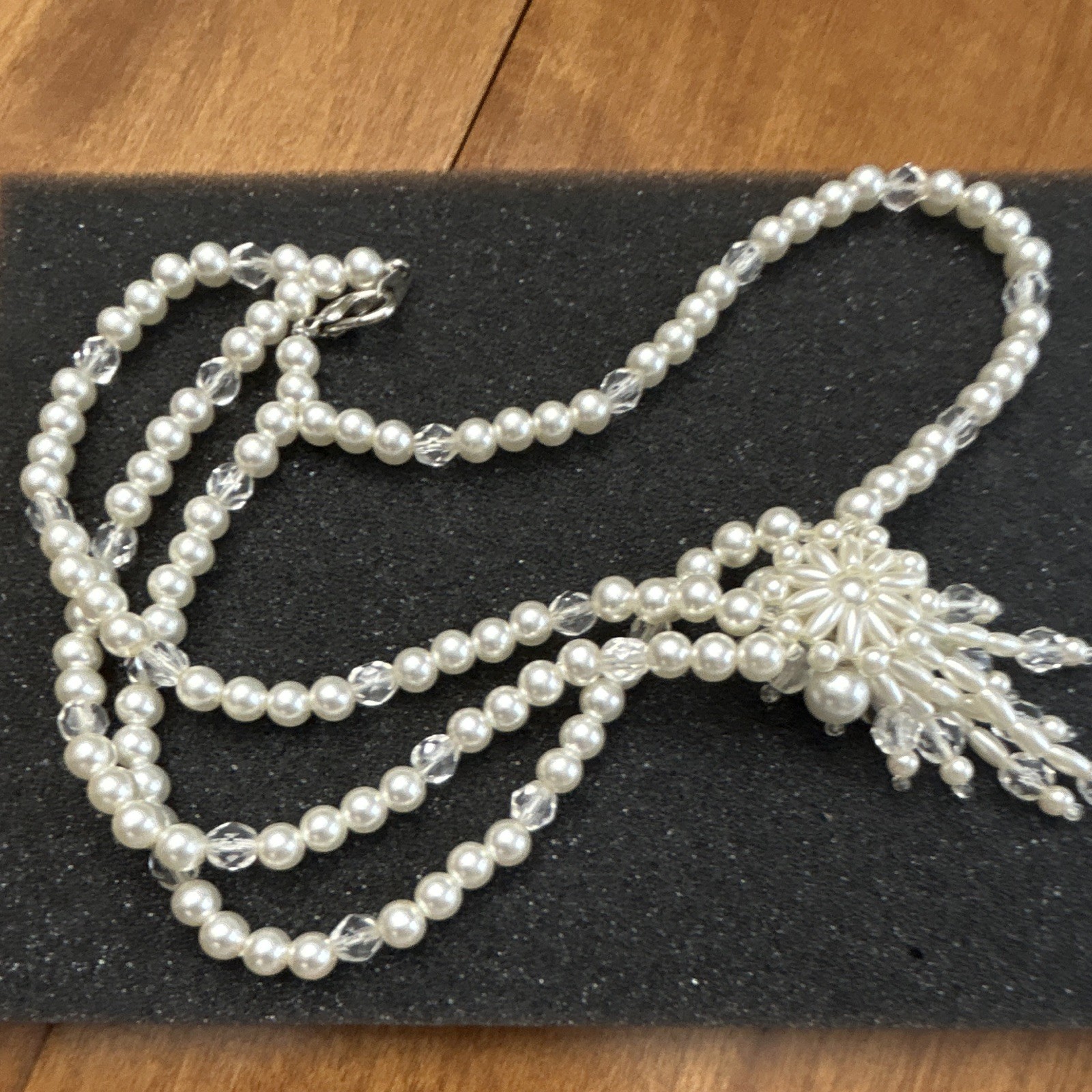 Imitation Pearl & Crystal Beaded Necklace Flower Tassel Pendant, Lobster Clasp