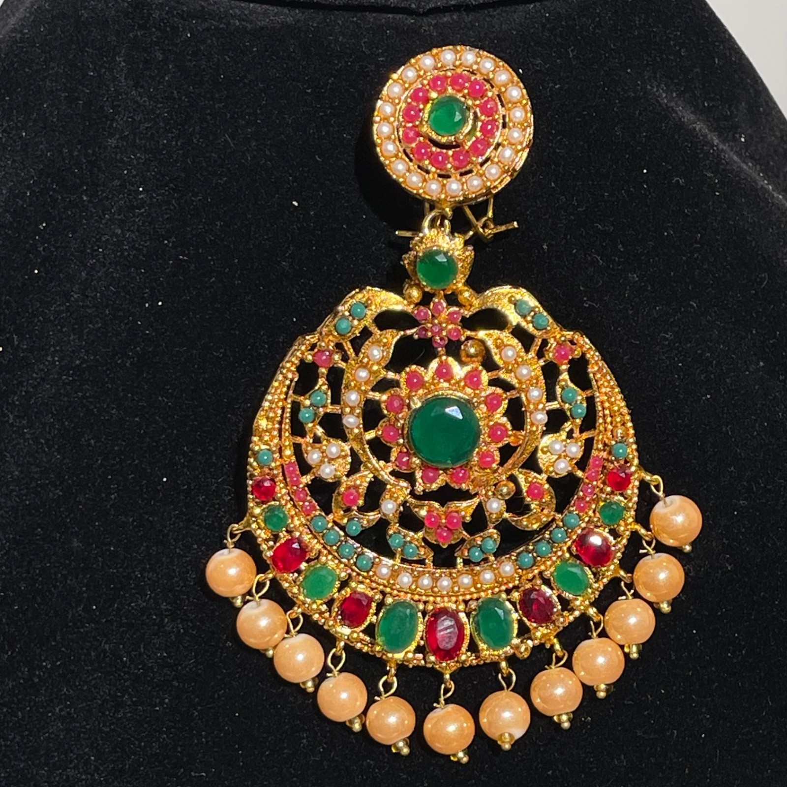 Jadau Hyderabadi Indian Red Ruby Green Emerald Pearl Chandelier Earrings
