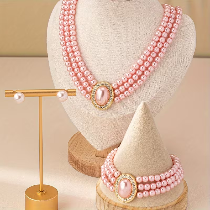 Pink Pearl Jewellery Set Necklace Bracelet Earrings Bridal Wedding Women Gift