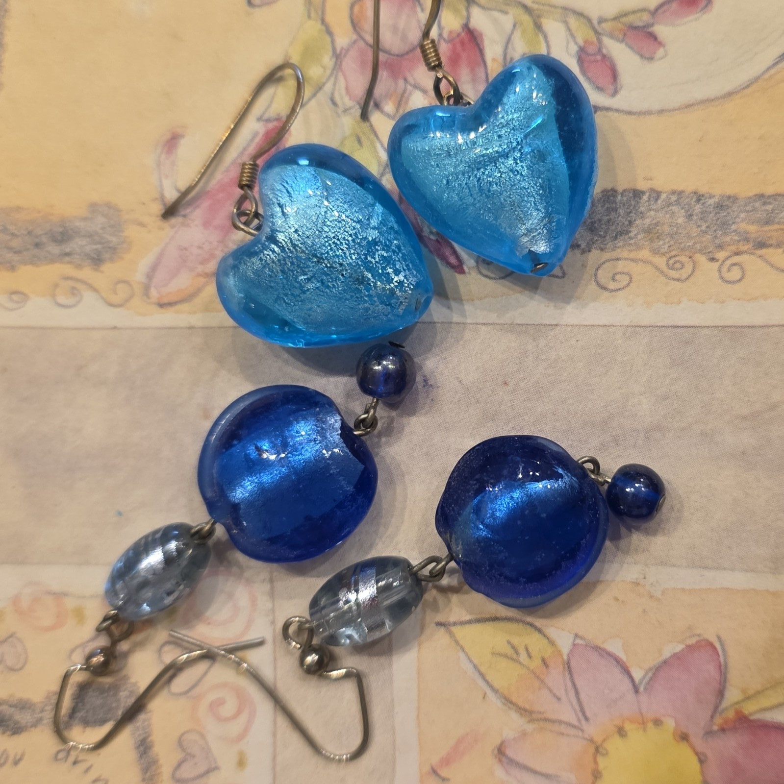 Blue Glass Heart Bead Dangle/Drop Earrings Hook Closure, Love Theme