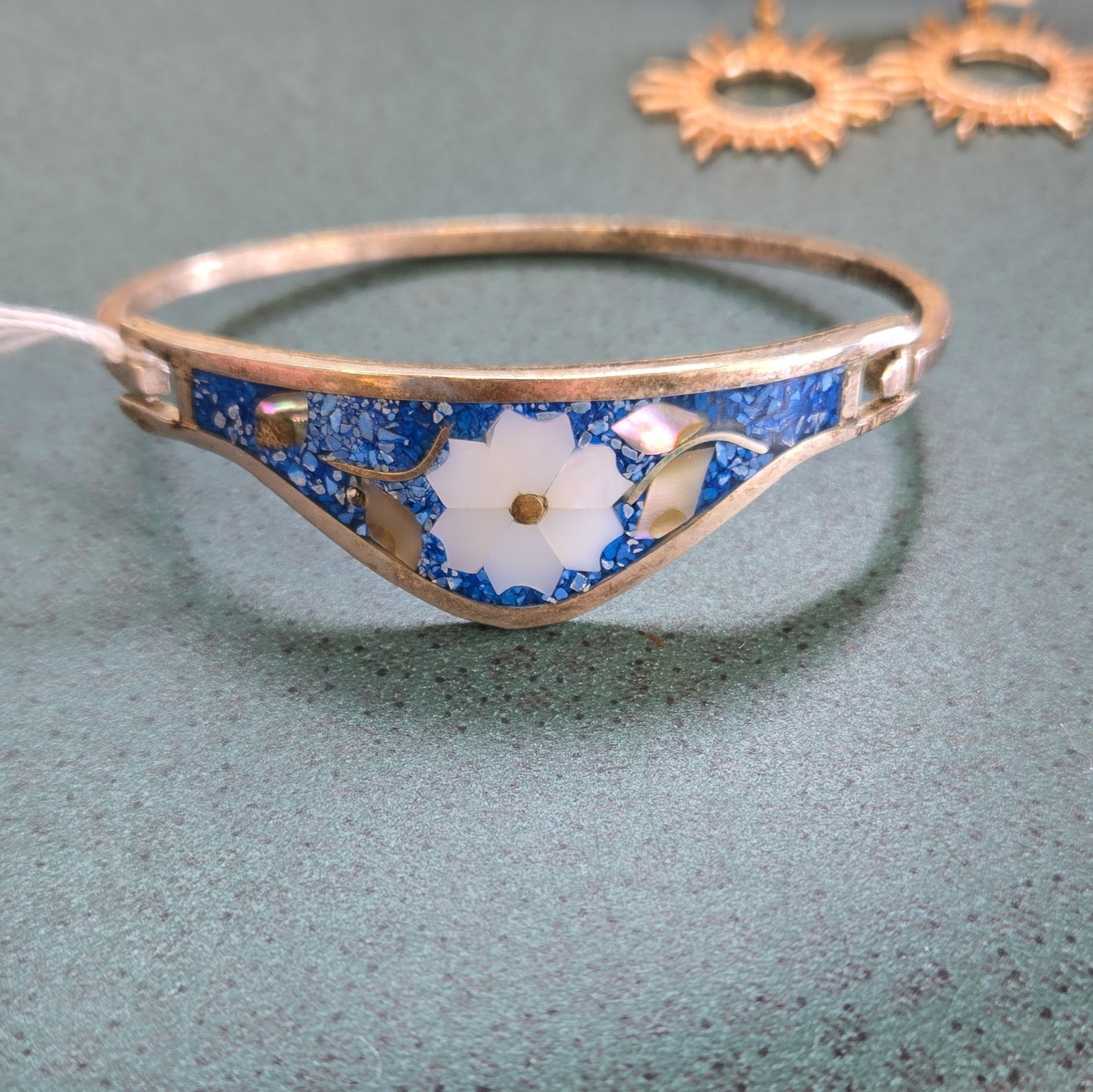 Silver Tone Blue & White Floral Enamel Flower Cuff Bangle Bracelet