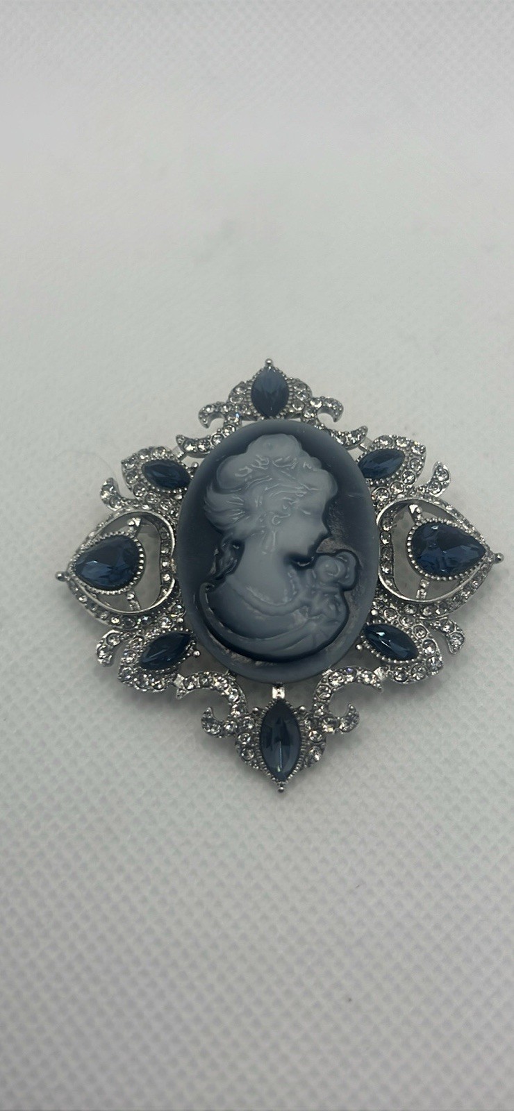 Cameo Brooch Drop Blue Oval Silver Tone Rhinestones Pin Gothic Vintage Style