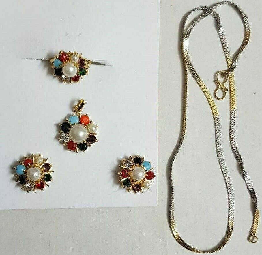 Navratan Attractive Combo Offer Earrings Pendant Chain Ring Cubic Zirconia AD GP