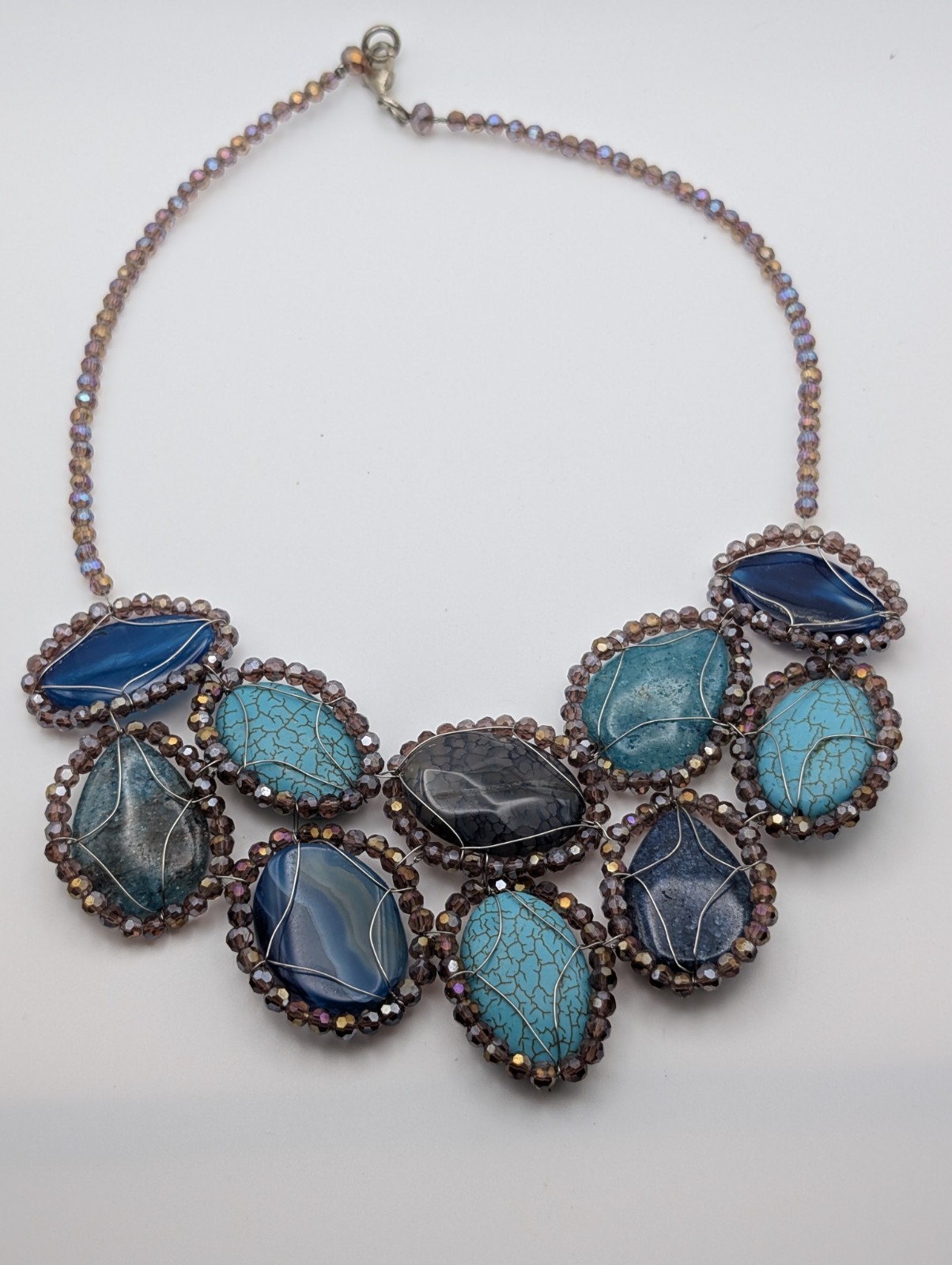 Chunky Blue Statement Necklace Beaded Multi-Stone Bib Style Fashion Jewelry