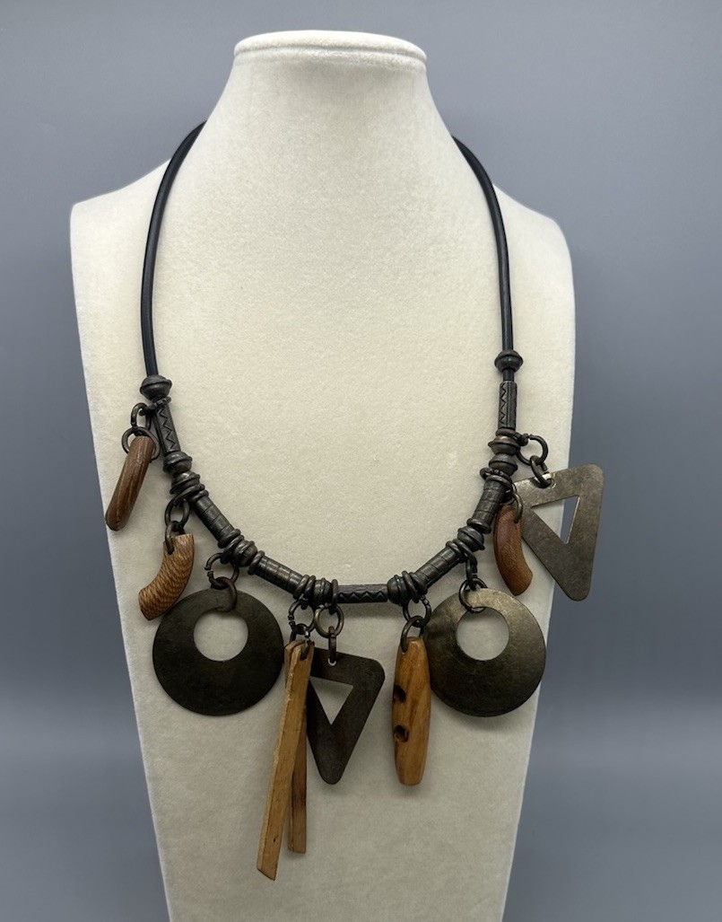 Boho Tribal Necklace Wood & Metal Geometric Charms Artisan Statement 18”