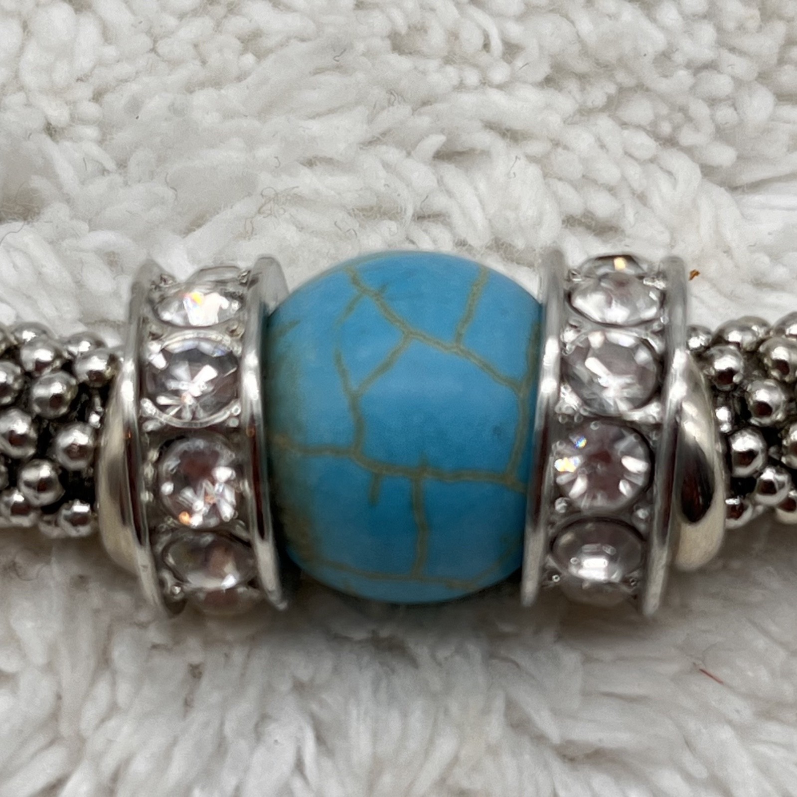 Chunky Southwestern Jewelry Set Necklace Stretch Bracelet Silver Tone Blue Stone