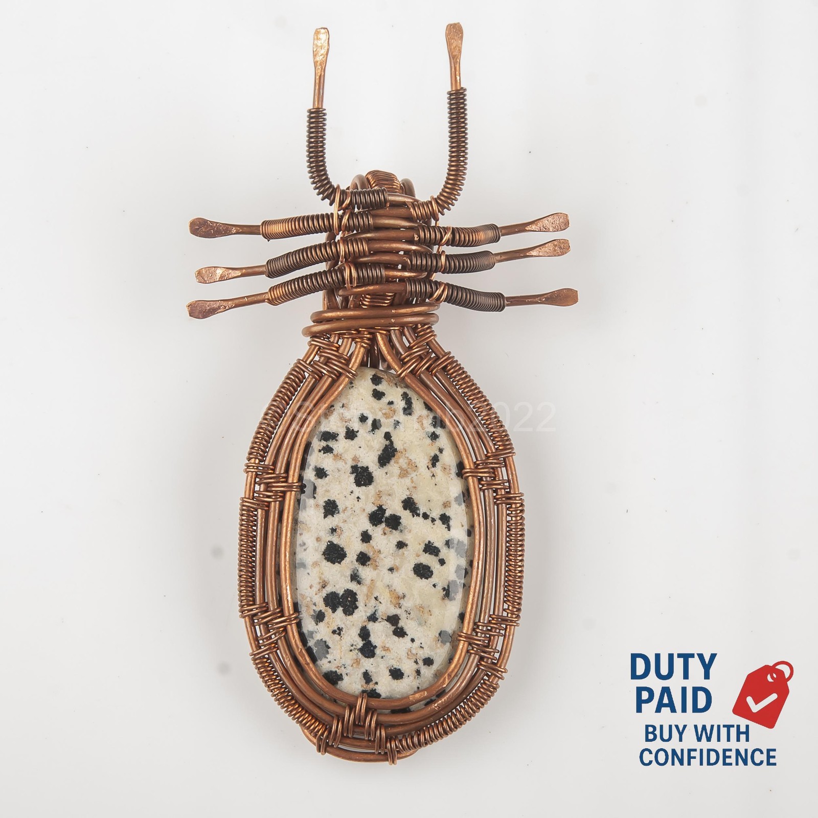 Copper OVAL Natural Dalmatian Jasper Channel Set Wire Wrap Wife Pendant Jewelry