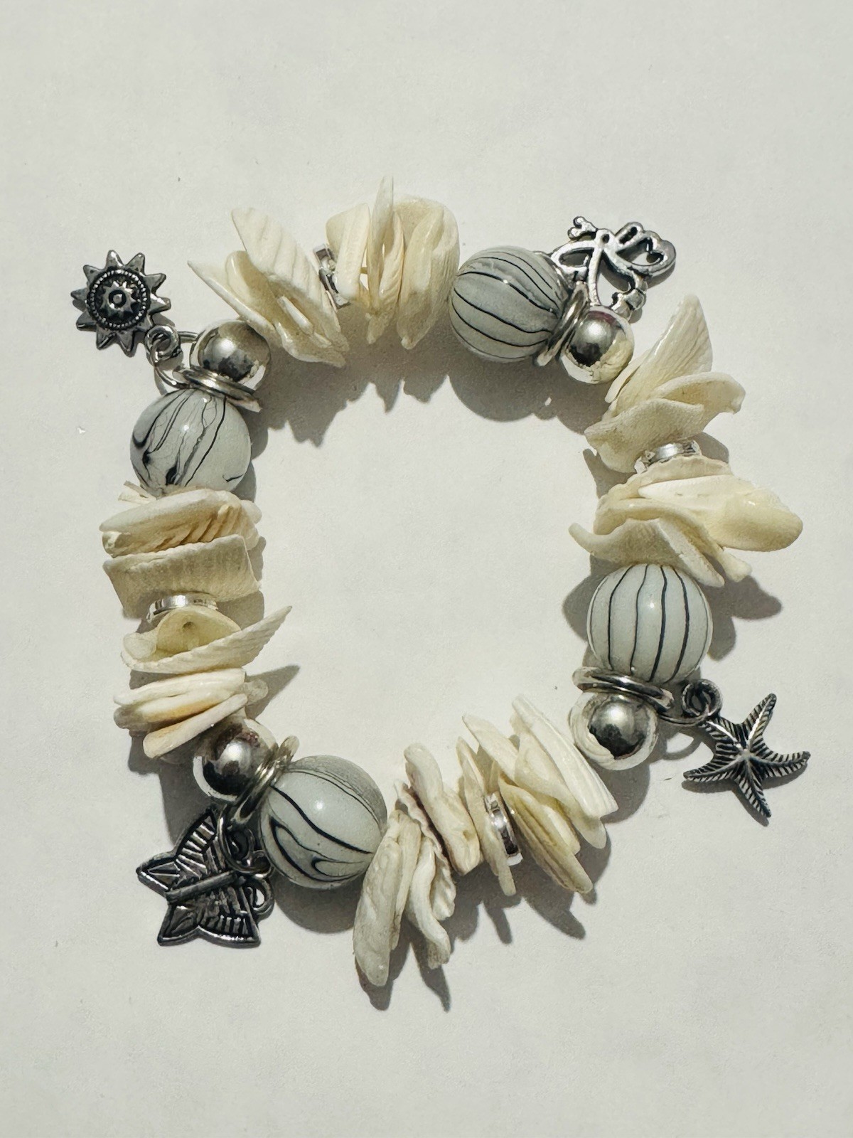 cream shell bead silver tone charm stretch bracelet fun beach Boho bracelet