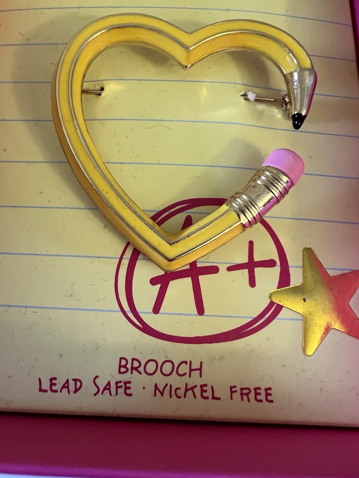 Betsey Johnson Brooch Heart Pencil Yellow With Star Accent NWT With Box