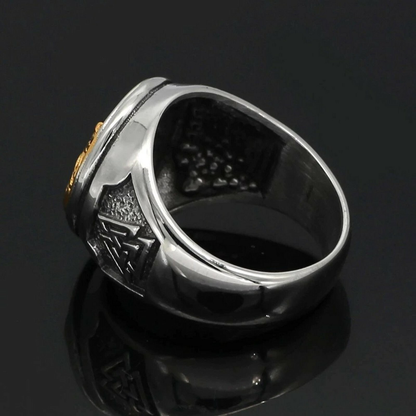 Norse Fenrir Signet Ring Mens Gold PVD Stainless Steel Viking Valknut Wolf Band