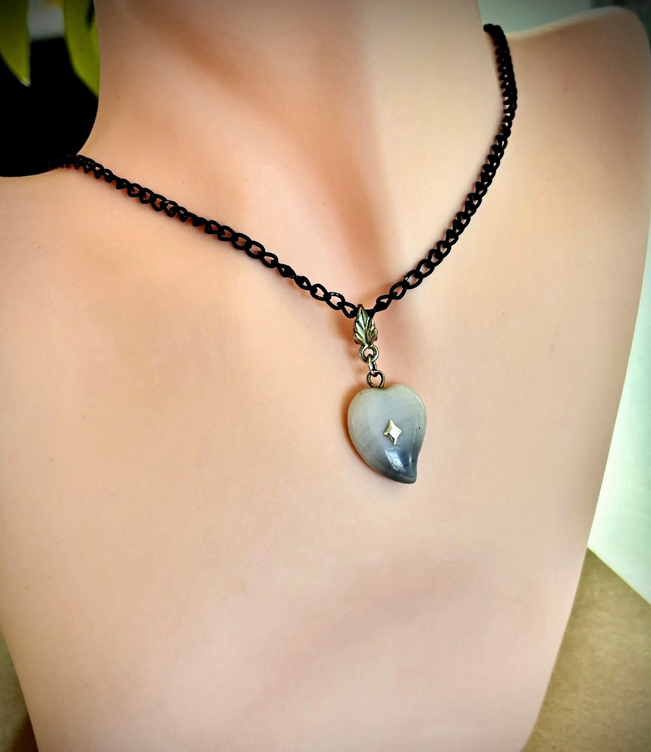 Black Metal Cable Chain Necklace w/ White Heart Charm Pendant, Love & Hearts