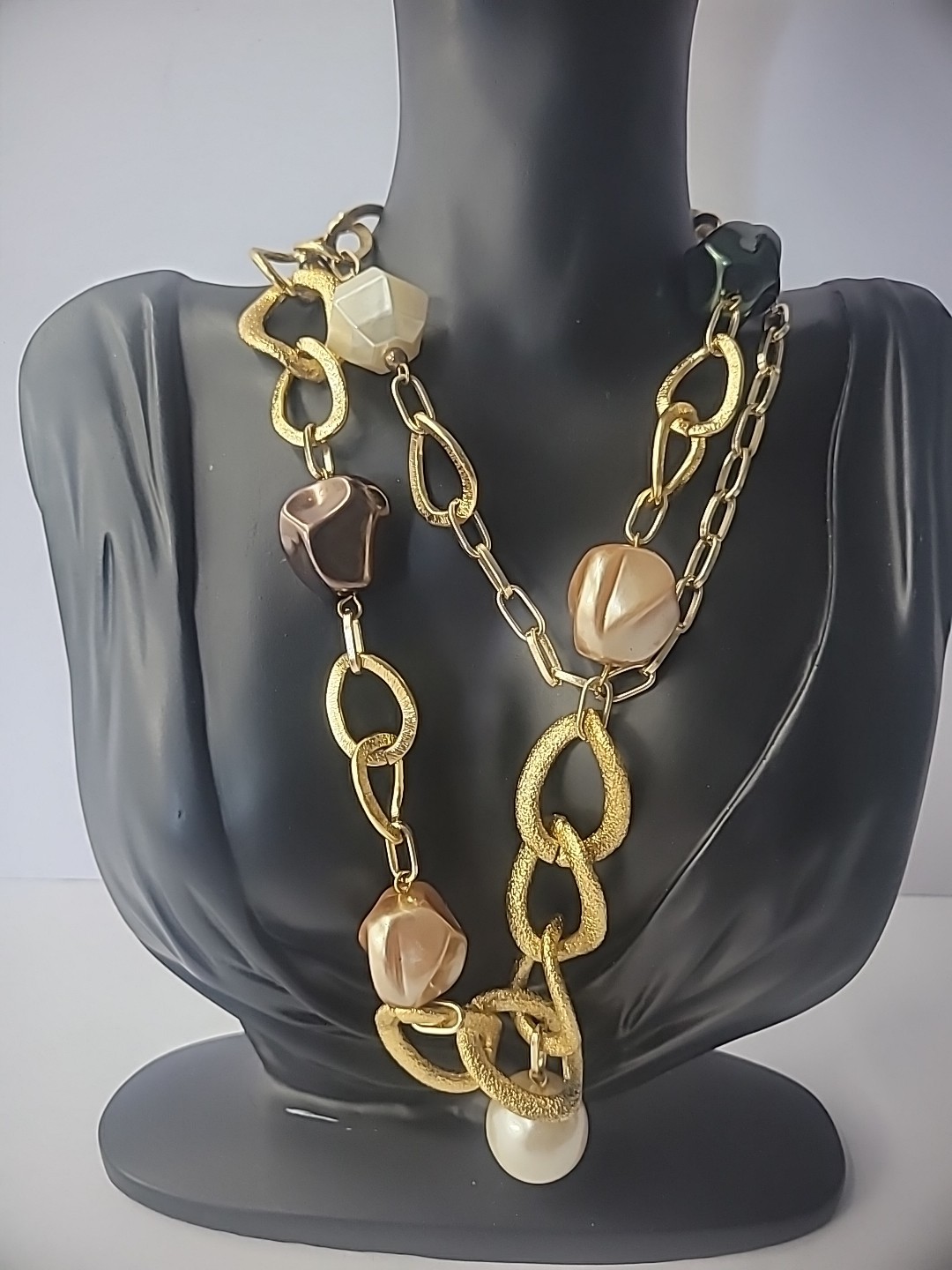 Vintage Necklace Beaded Blue Pink Gold Tone Chain Jewelry Costume
