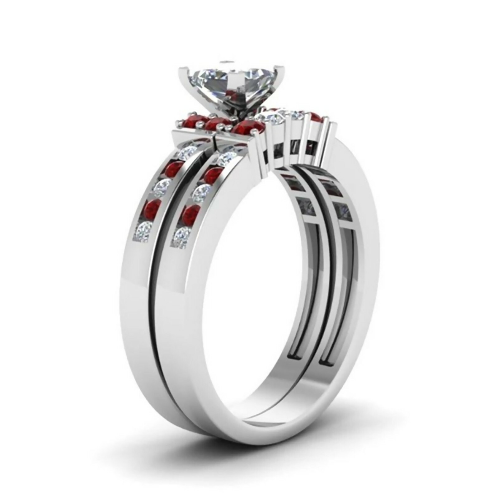 Stacking Solitaire with Accents Ring Set Red Clear Cubic Zirconia Wedding Band