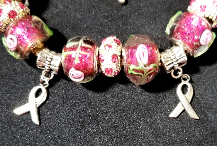 8.3″ Ribbon Silver Dangle Charm Murano Lampwork Glass Beads ~ Spacers Bracelet