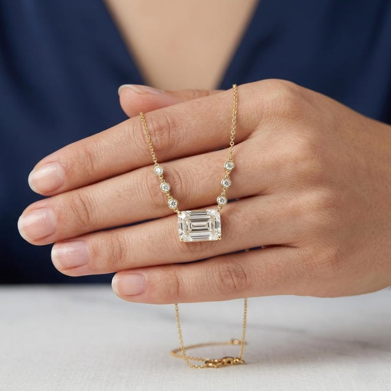 East West Emerald Moissanite 14K Gold Side Round Layering Pendant Necklace