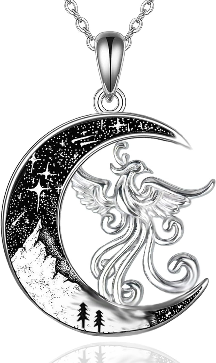 Phoenix Necklace Gift for Women 925 Sterling Silver Crescent Moon Gothic Pendant