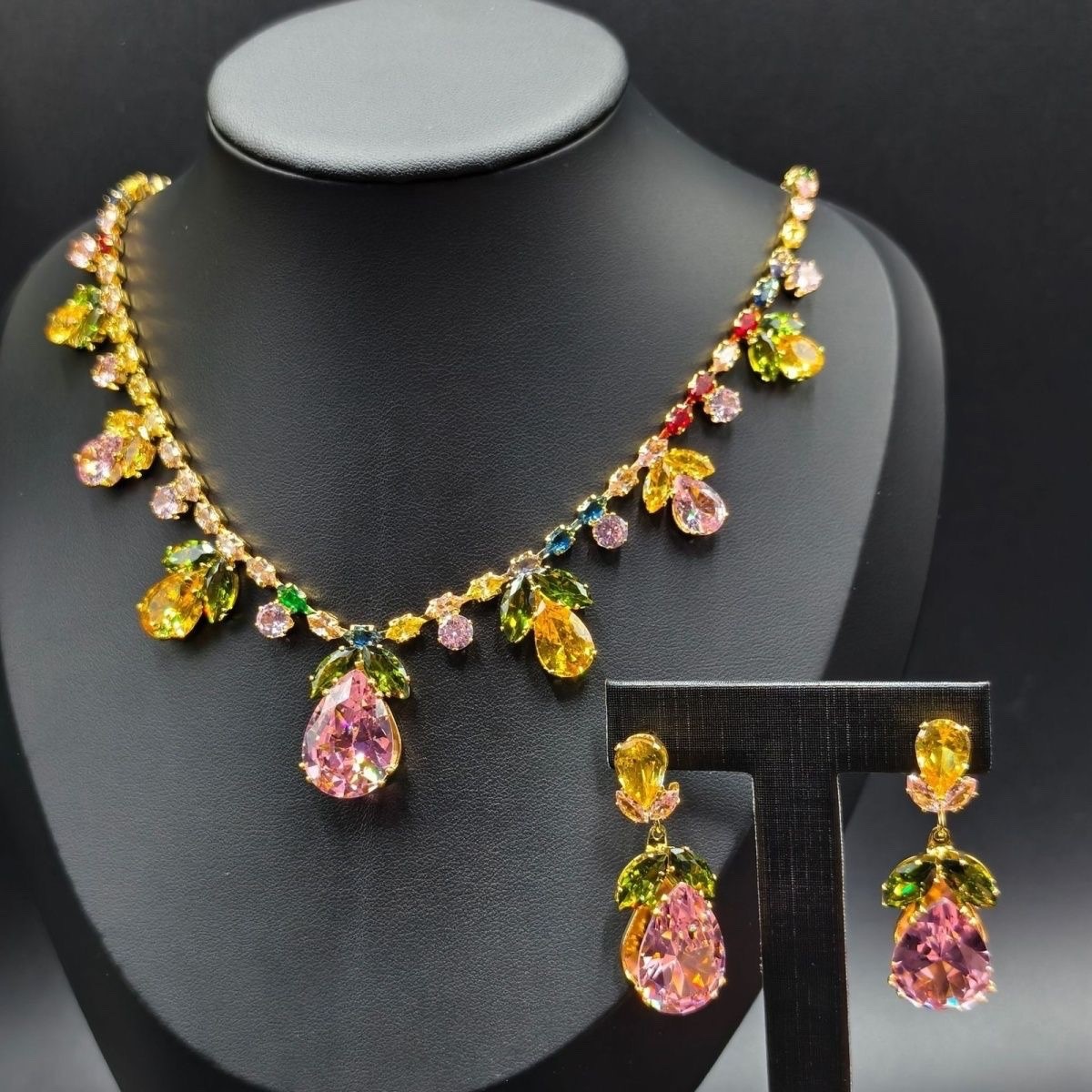 Multicolor Crystal Statement Necklace&Earrings Set Gold-Tone Floral Teardrop New