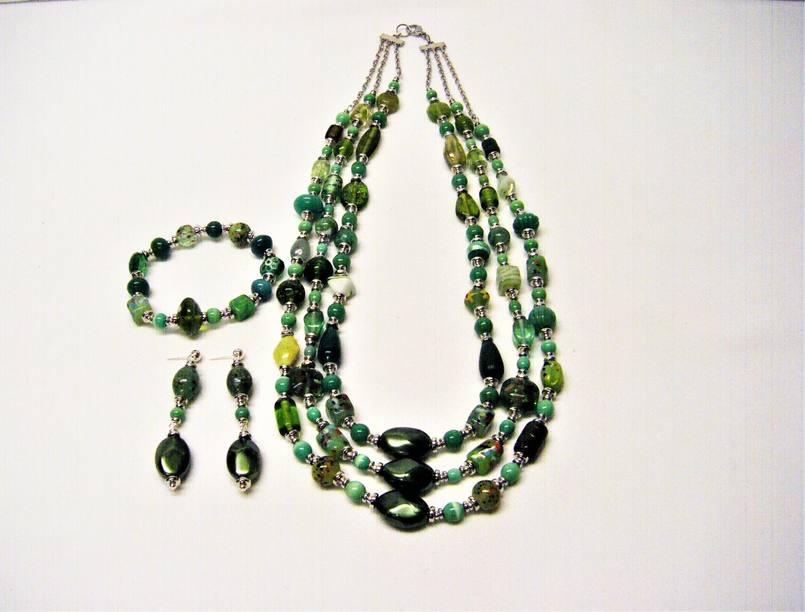 3 Strand Various Shades of Mixed Green Shapes/Sizes Glass Bead Neck/Brace/Earrin