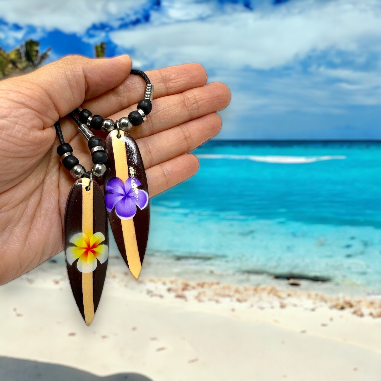 Hand Painted Surfboard Necklace Hawaiian Flower Pendant Wood Beach Unisex