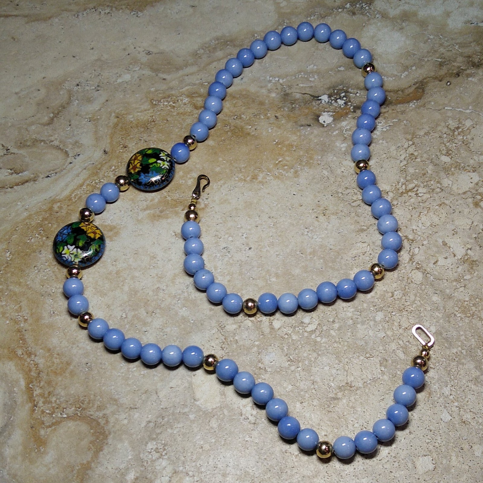 CERAMIC Bead Chinese CLOISONNE Lily Flower Ivy 20″ Necklace Periwinkle Tone EUC!
