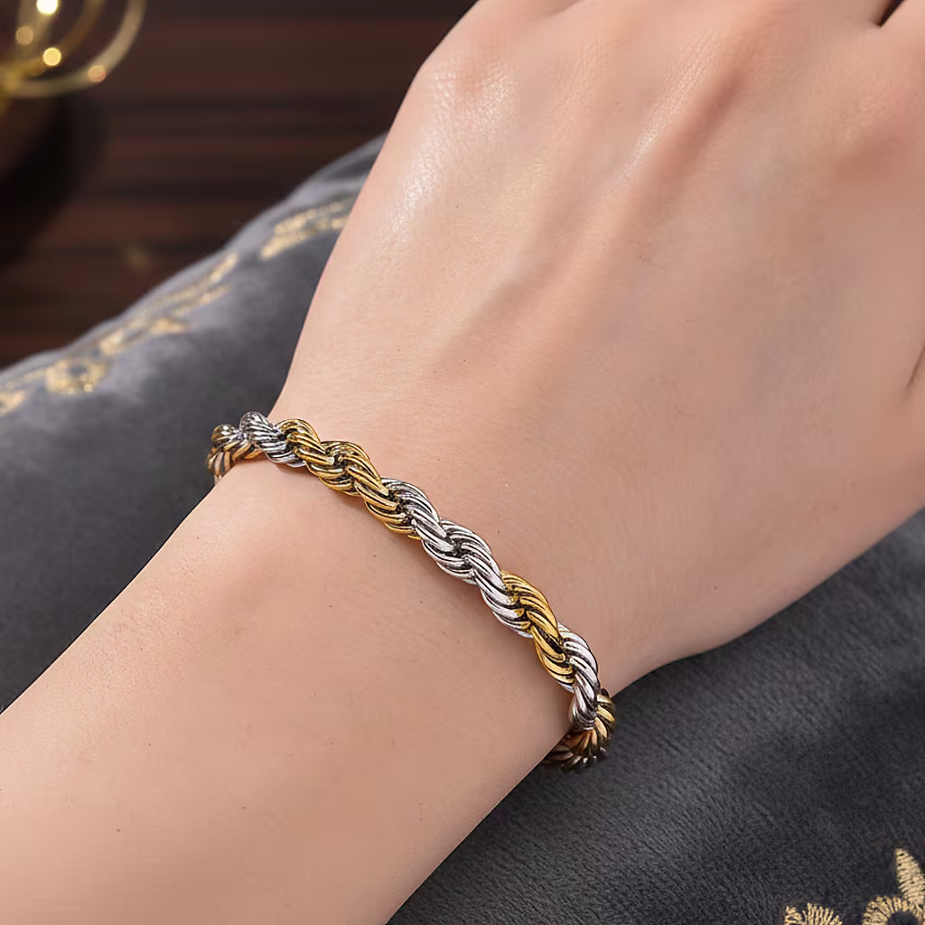 Rope Chain Bracelet in ION Plated YG and Stainless Steel (7-9In)