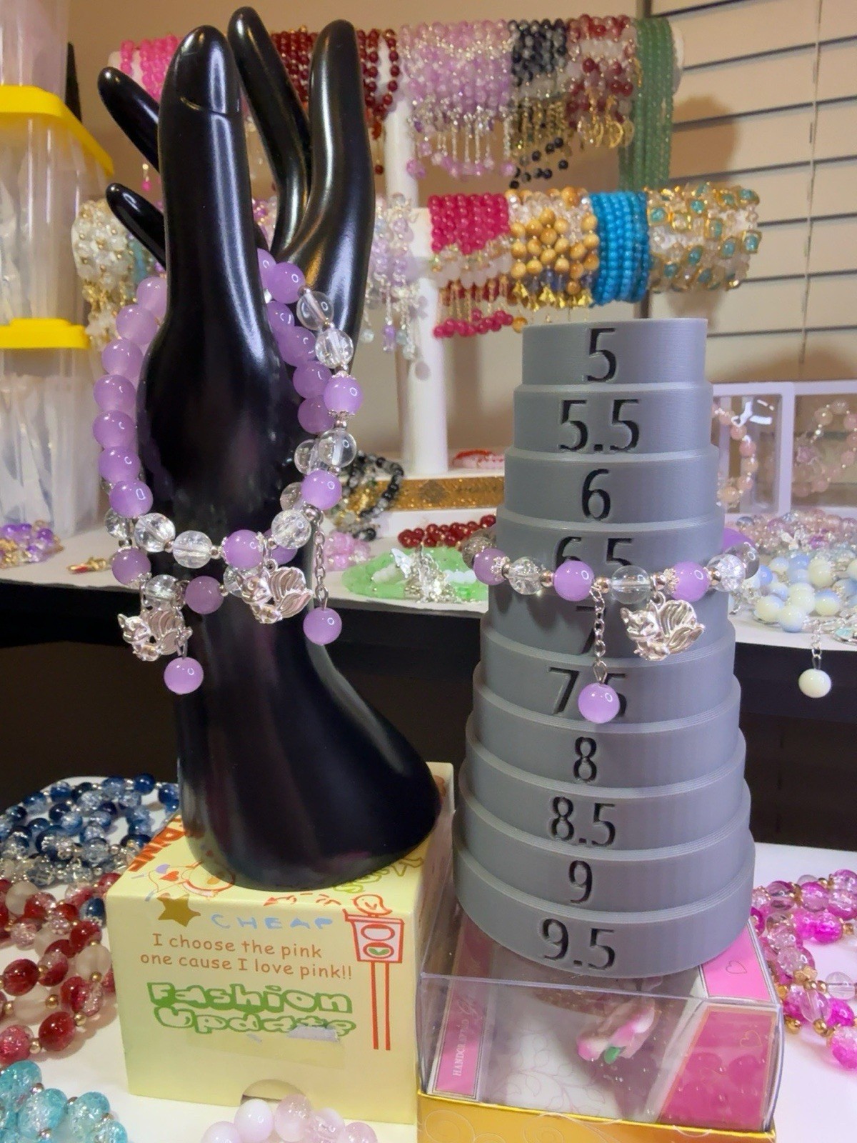 Purple & Clear Round Beaded Charm Bracelet Silver-Tone Dangle Charms Slip-On