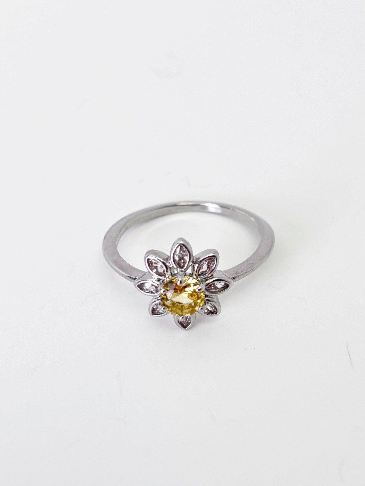 925 Sterling Silver Sunflower Daisy Ring Yellow Clear CZ Ring Size 7