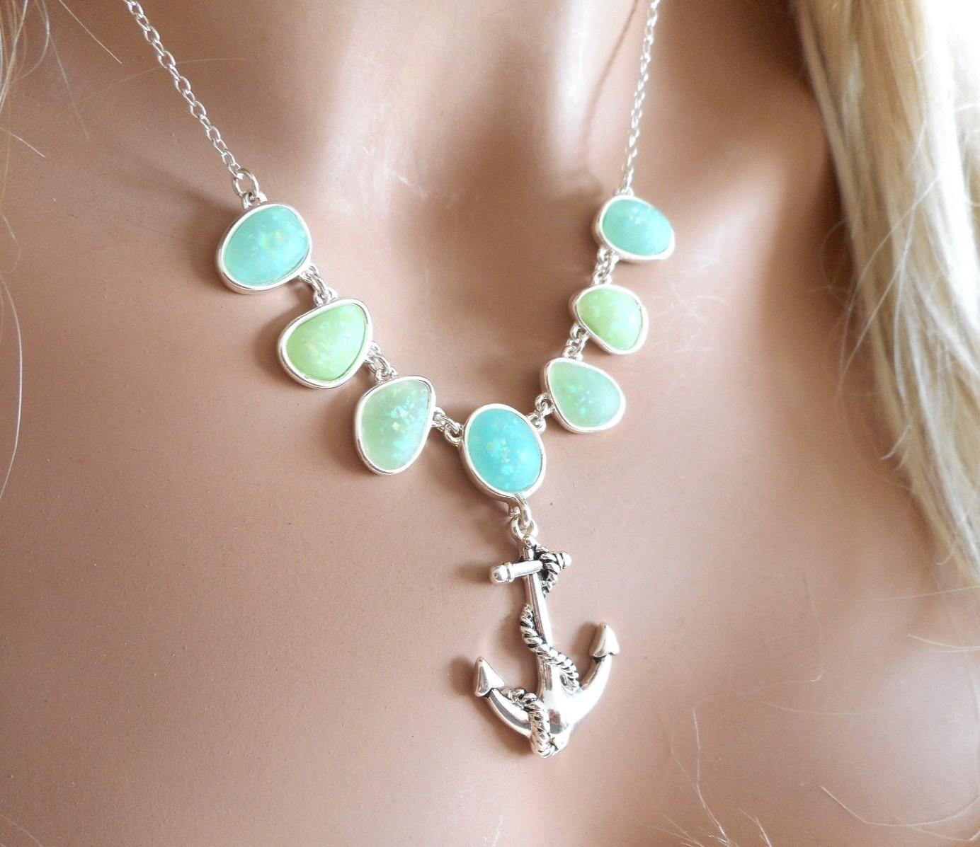 Anchor Sea Beach Glass & Resin Pendant Women Necklace & Earrings Silver Plated
