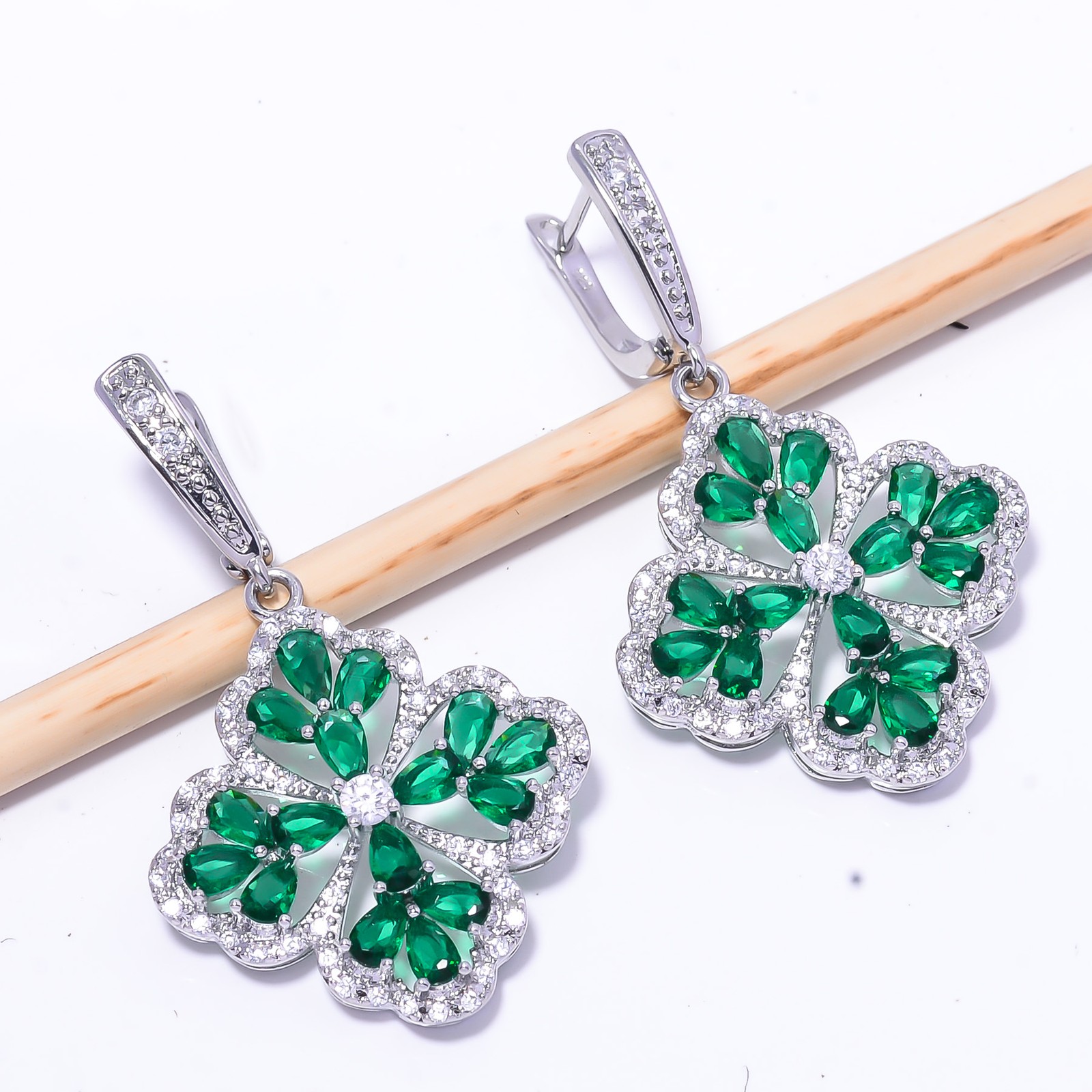 Tsavorite & CZ Gemstone 925 Sterling Silver Handmade Jewelry Earring 2.03″ E11