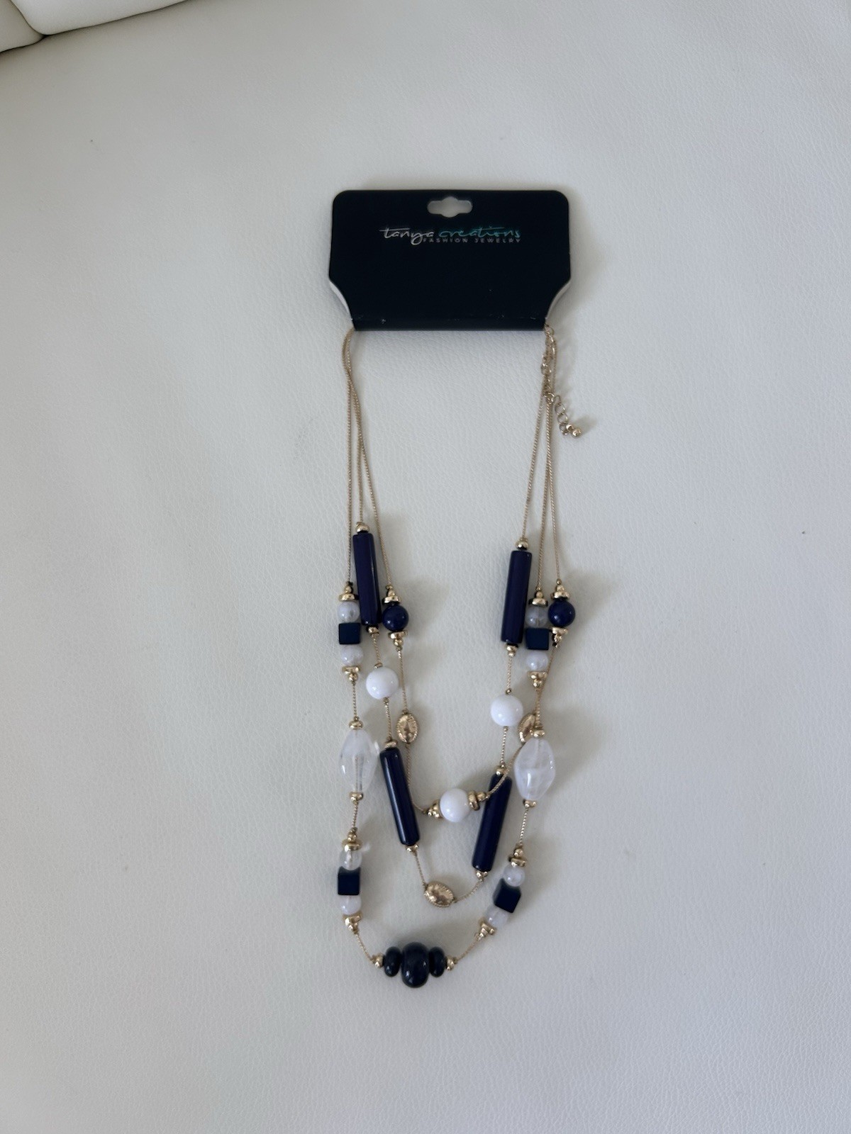 Tanya Creations Gold Tone Cable Chain Layered Beaded Necklace Blue White Lobster
