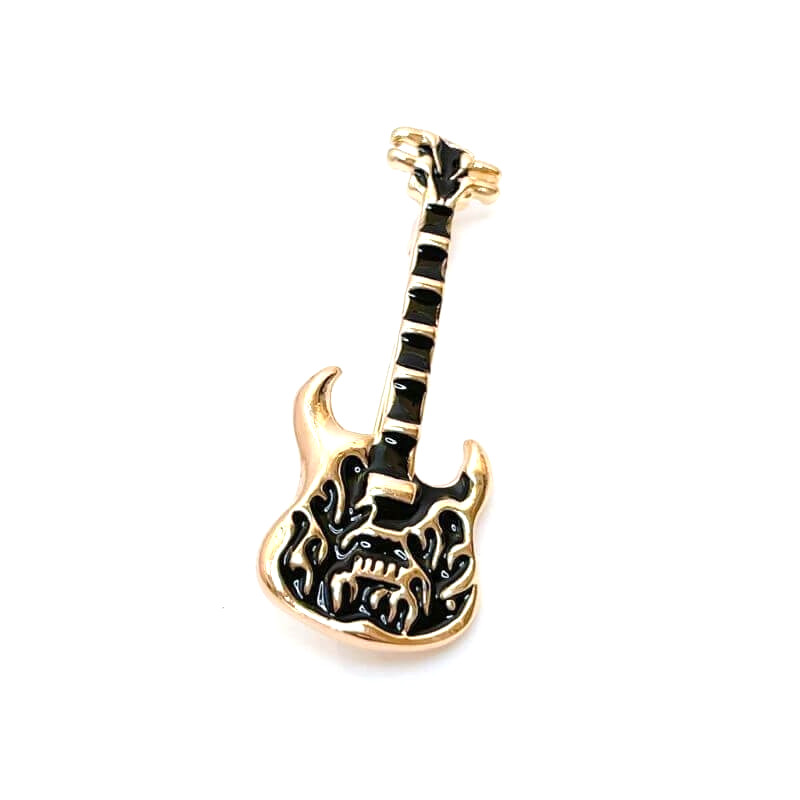 Electric Guitar Brooch Black Enamel Gold Tone Music Rock Pin Musician Gift