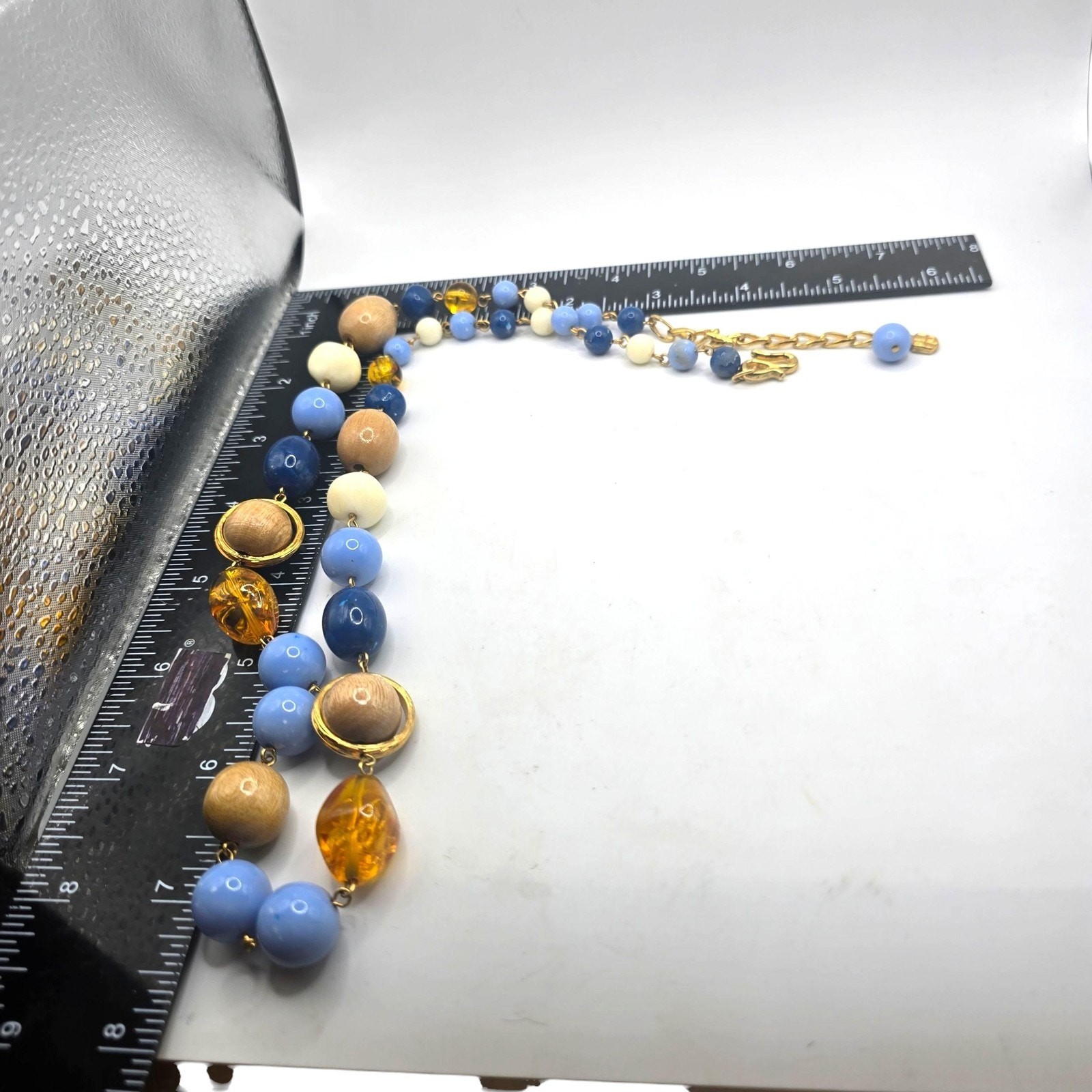 Necklace Vintage Liz Claiborne Wood Acrylic Blue White Beads 24″ Jewelry SKU2421
