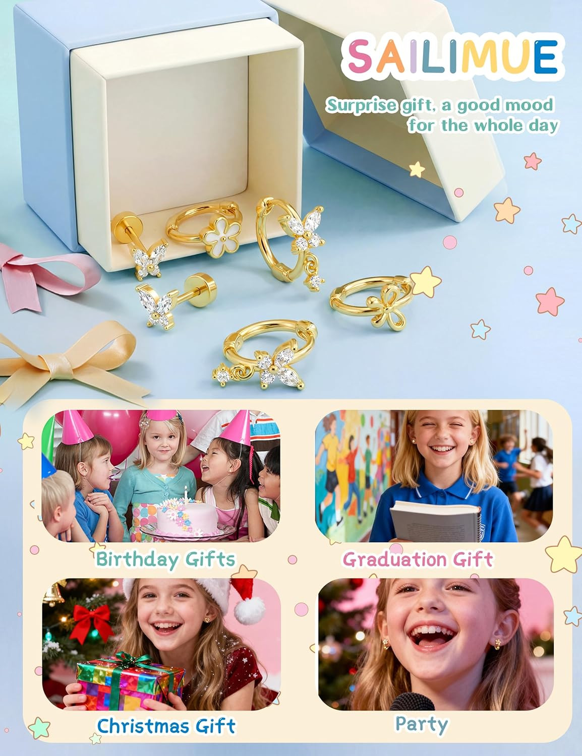 SAILIMUE Flat Back Earrings Set Girls 14K Gold Surgical Steel Stud Hoops