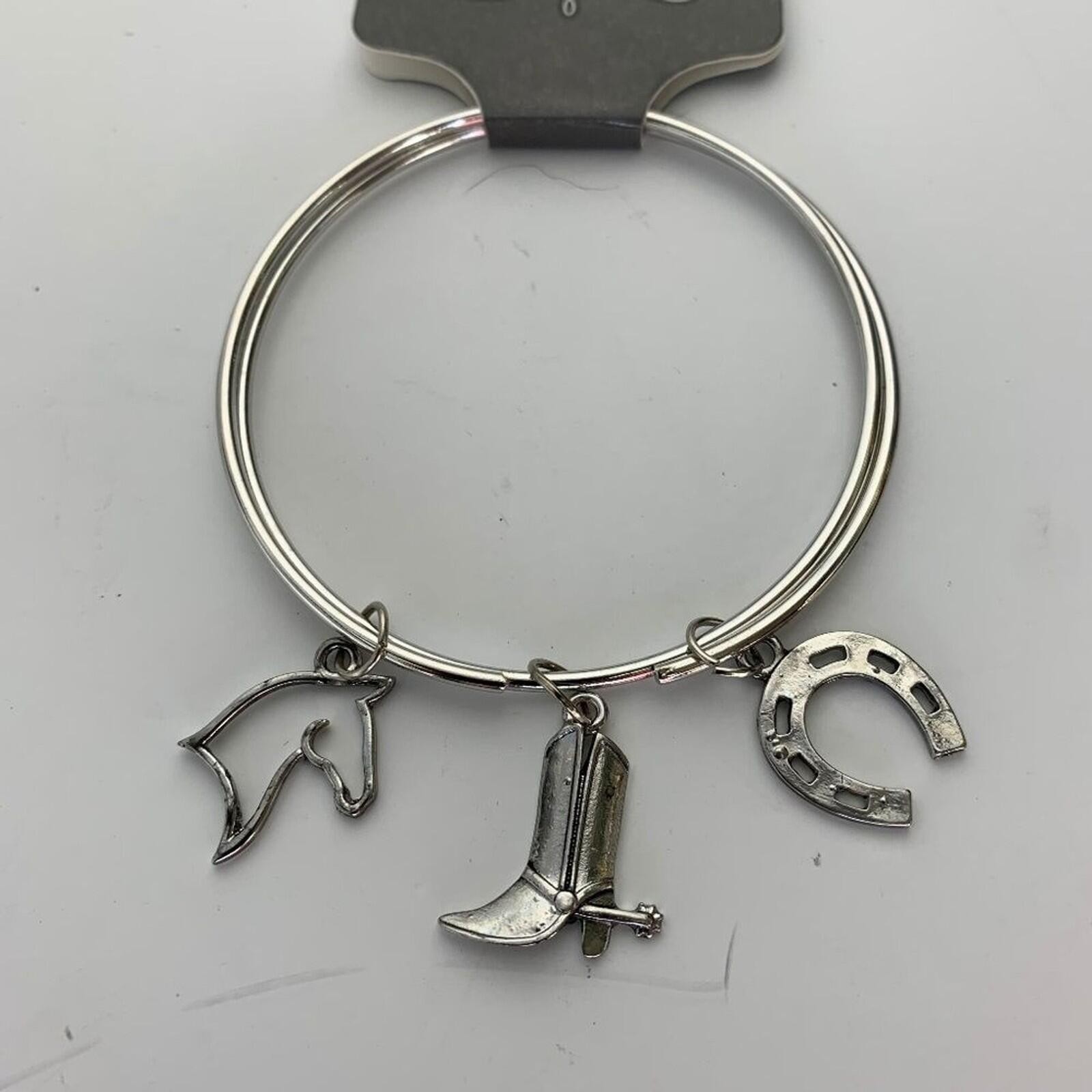 Charm & Flatter Silver Tone Cowboy Western Charm Bracelet Horse Boot Horseshoe N