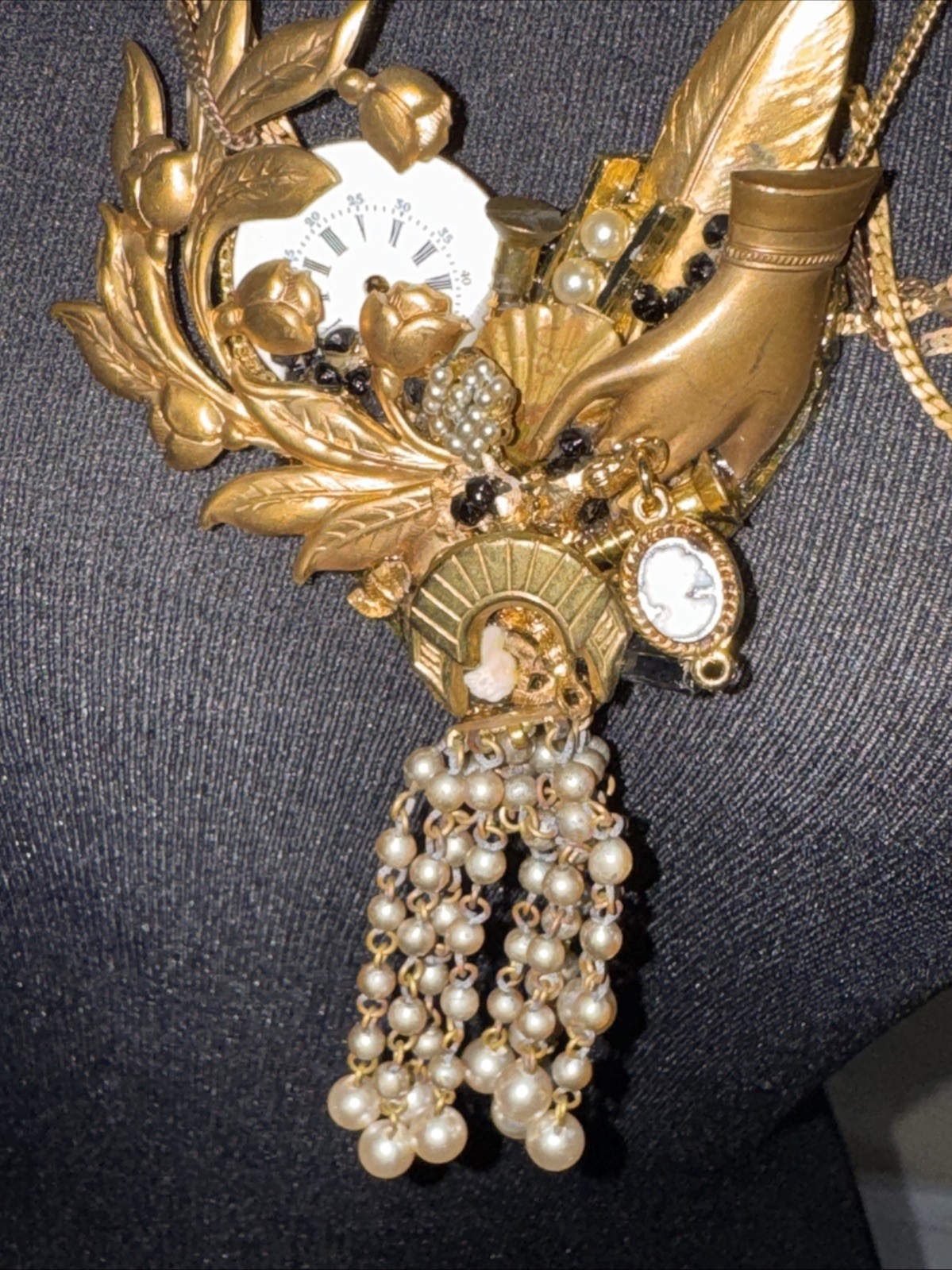 John Wind-Hilary Jay MAXIMAL ART Mixed Metal Clock HandCopper Pearl Brooch Chain