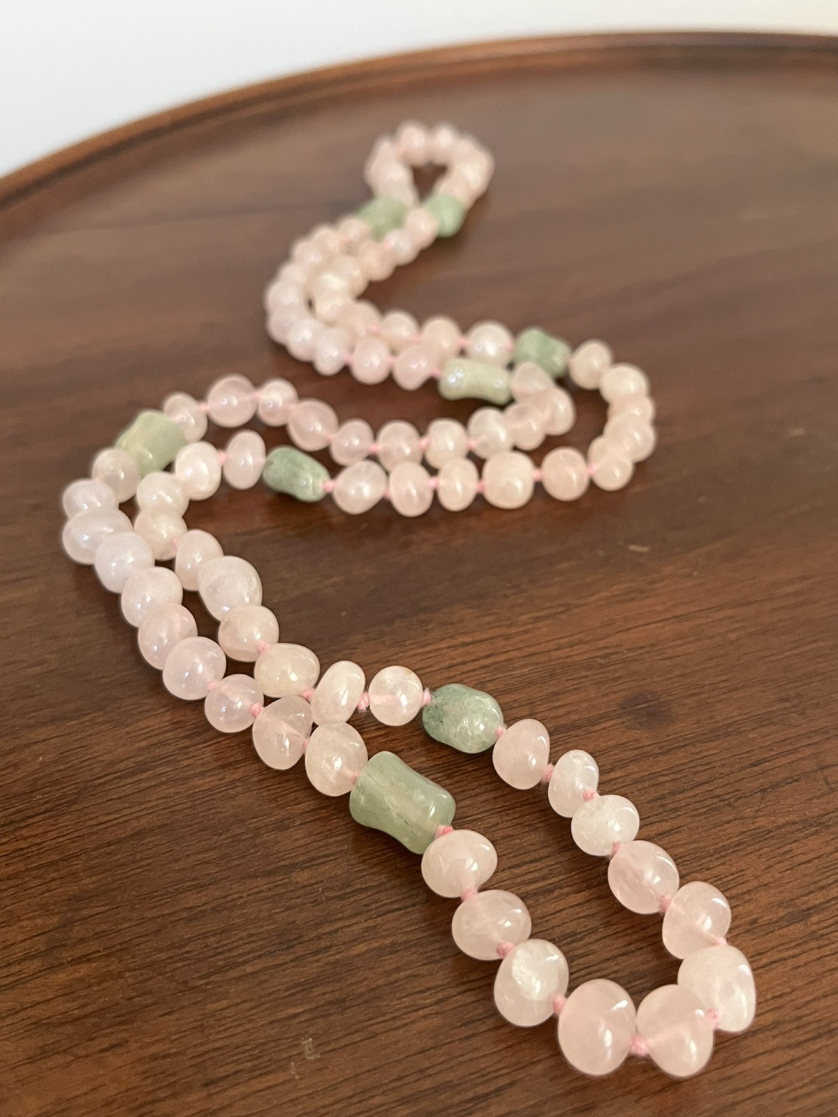 Rose Quartz Hand Knotted Necklace 30″ with Green Aventurine Opera Length