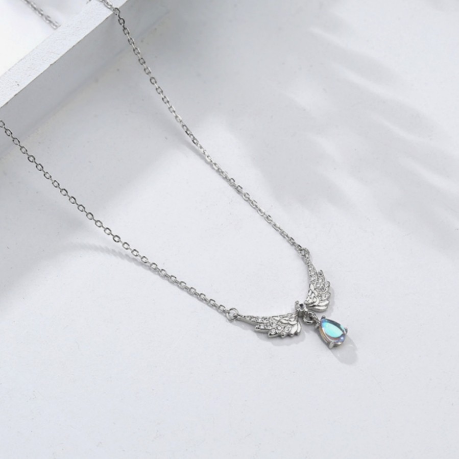 Sparkly CZ Angel Wing Necklace Teardrop Iridescent Moonstone Drop Clavicle Chain