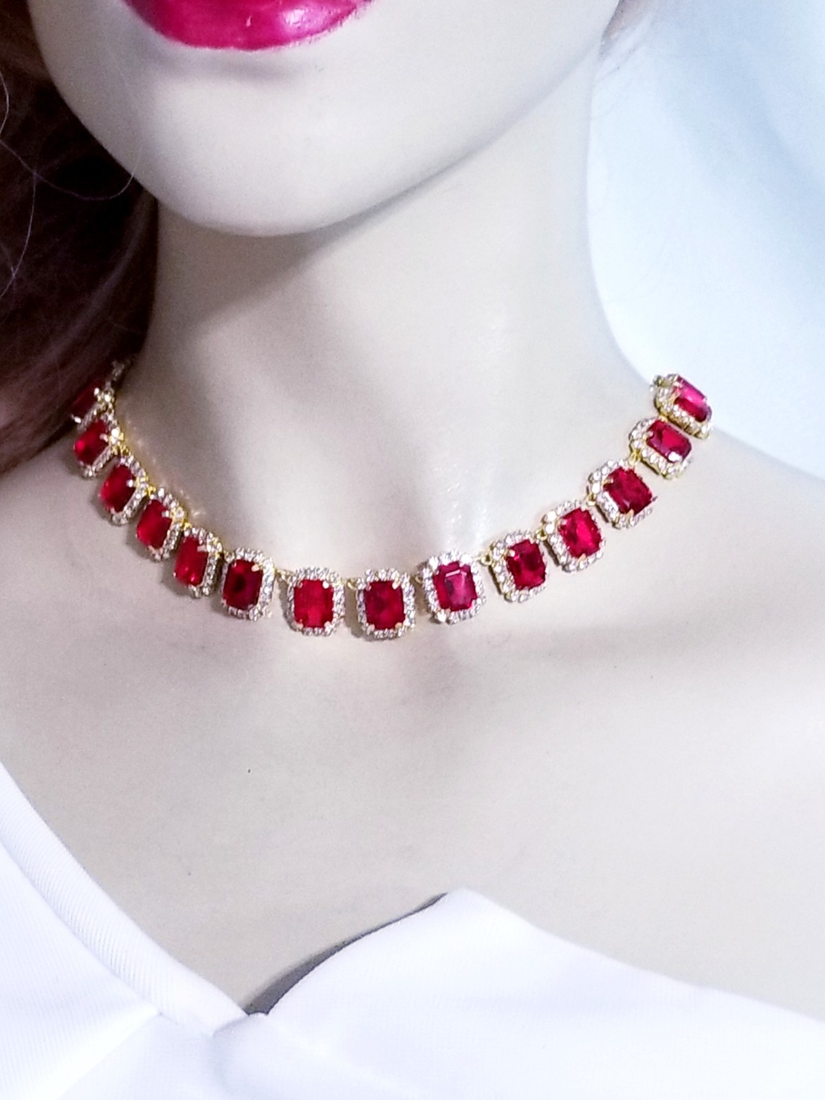 Red Statement Choker Rhinestone Necklace Bridal Prom Pageant Jewelry