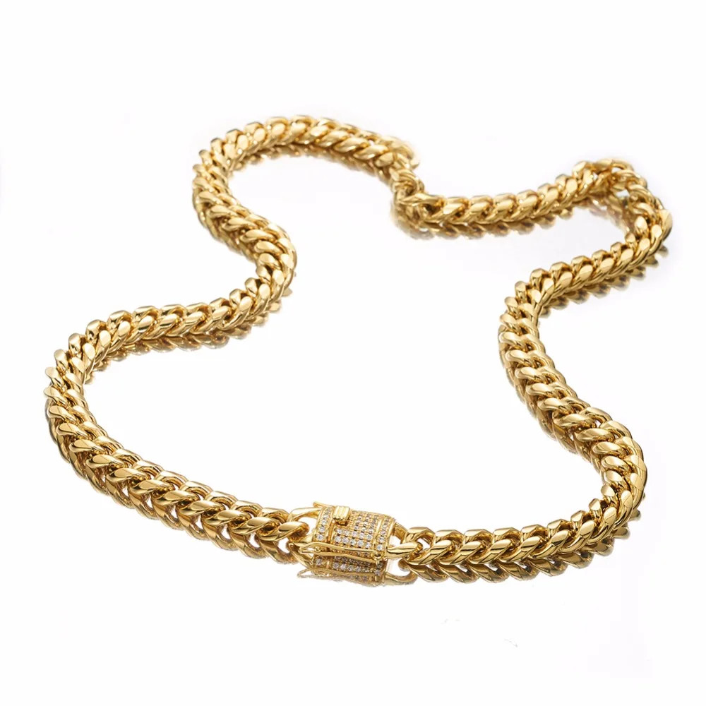 Stainless Steel Chain Necklace Miami Cuban Curb Link Gold Color Men Jewelry