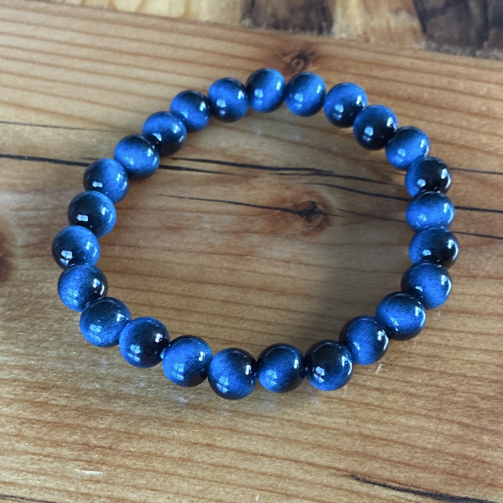 Blue Round Stone Beaded Stretch Bracelet, Elastic Closure Ball/Bead Chain