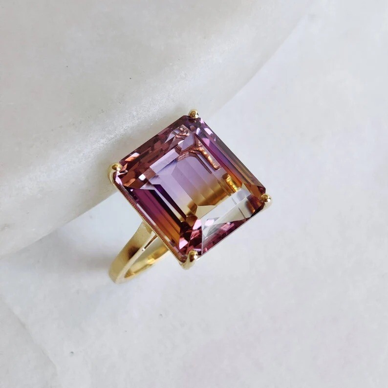 Ametrine Ring Women’s Gold Plated Emerald Cut Cocktail Statement Jewelry