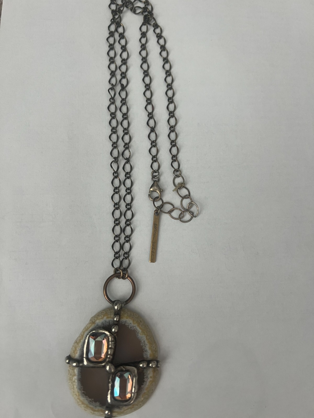 Mikal Winn Artisan Long Necklace Round Multicolor Agate w/2 Crystals
