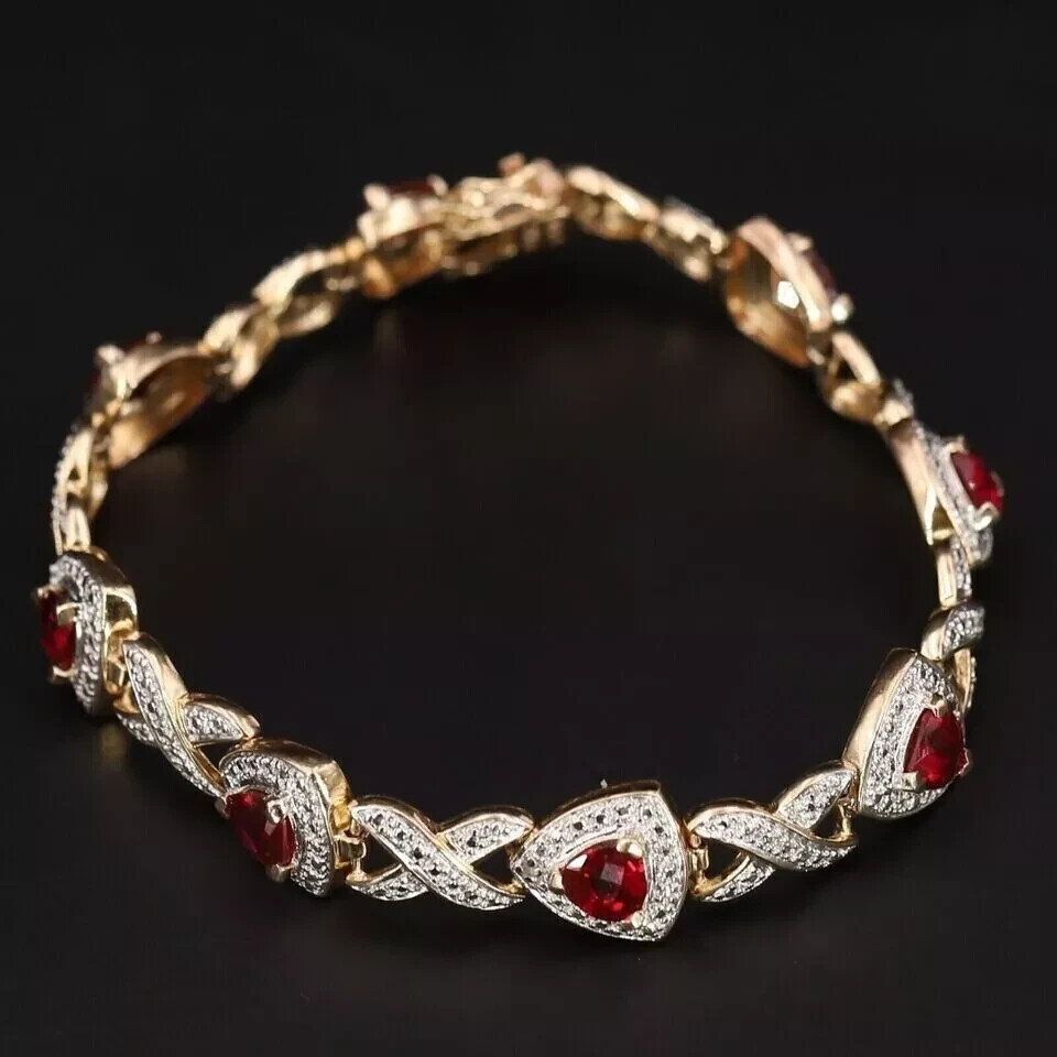 8.88Ct Trillion Simulated Ruby 14k Yellow Gold Plated Attractive Tennis Bracelet