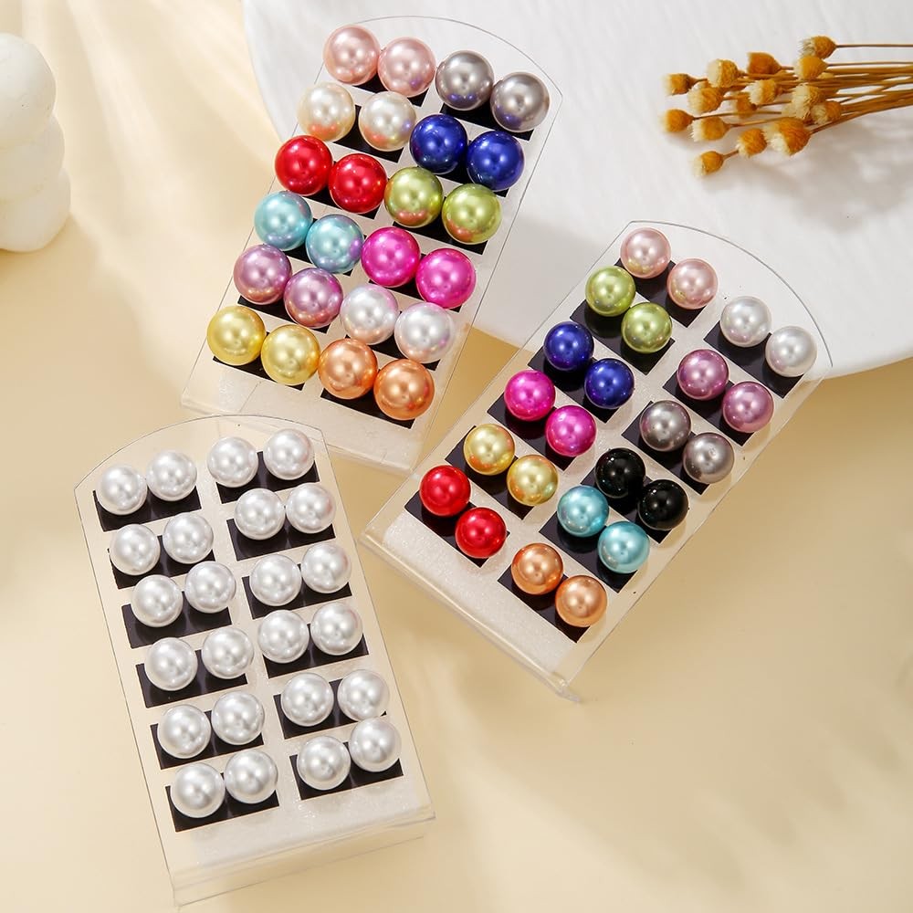 12Pairs Colorful Imitation Pearls Earrings Set Classic 10 millimeters, A