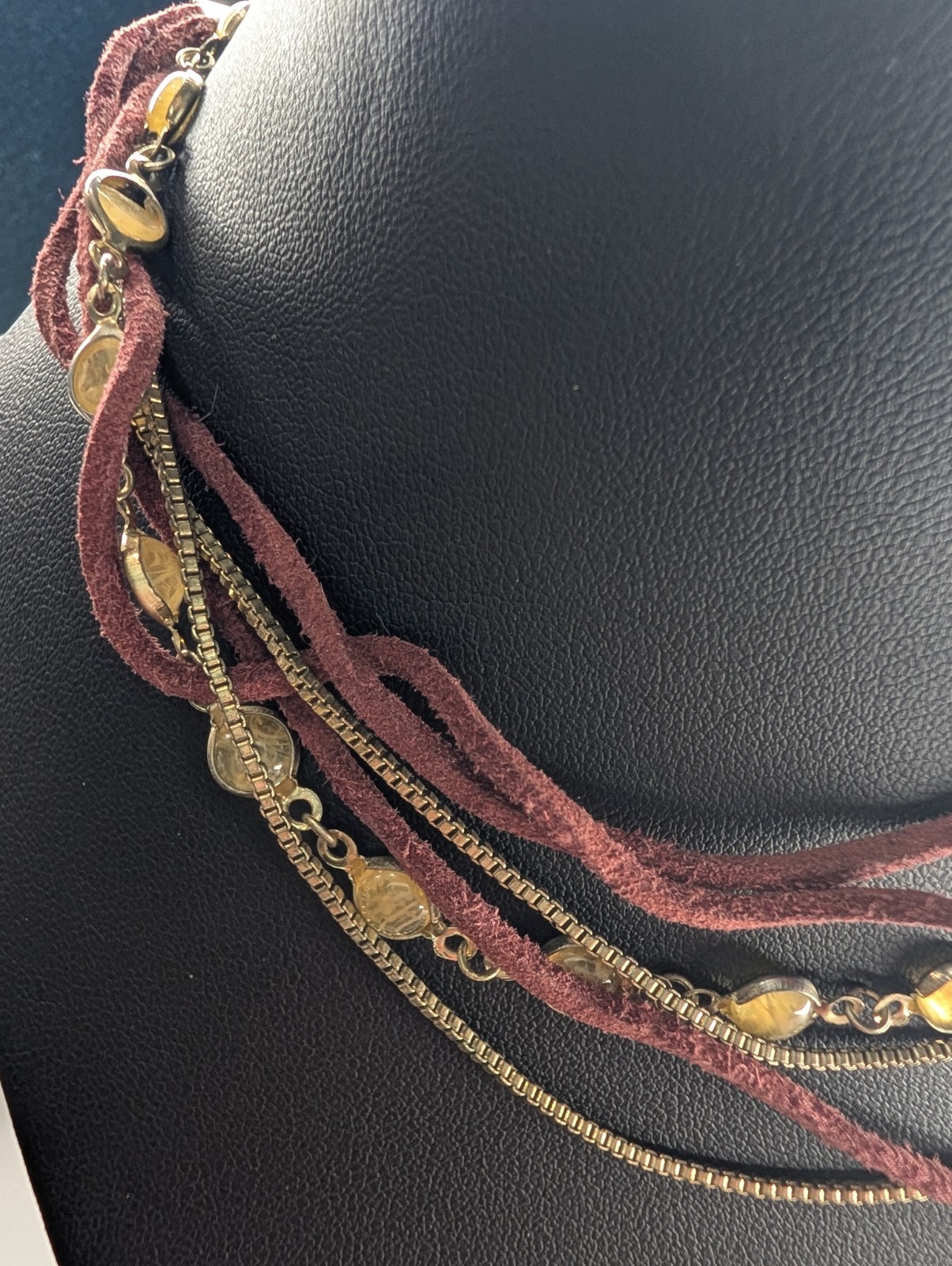 Burgundy Suede Cord Layered Snake Chain Necklace Gold Tone Lobster Adjustable