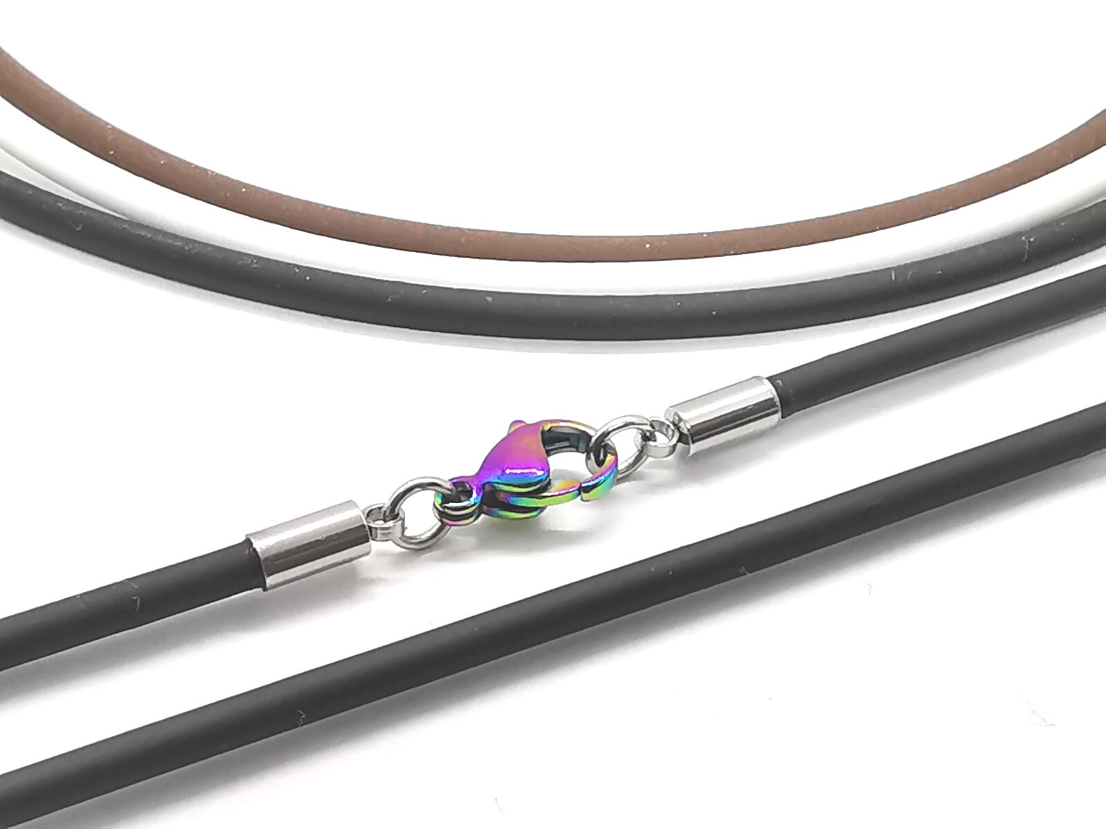 2.5mm Silicone Rubber Necklace With Rainbow Clasp. Black, Brown Or White.