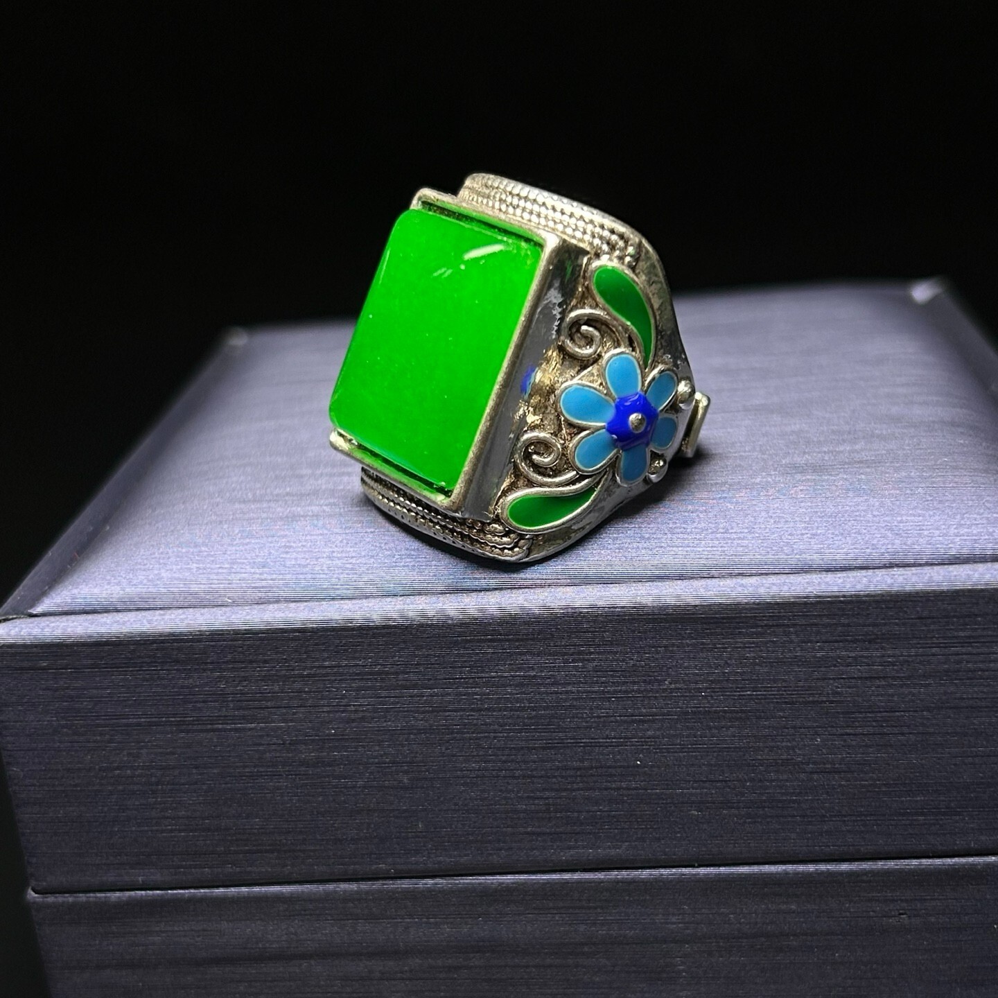 Certified Nature inlay ice green Burmese Jade Jadeite Amulet adjustable Rings